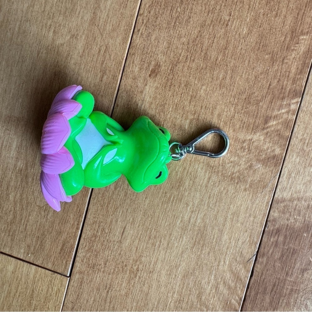 Vibrant Green Frog Yoga with Pink Petals Sanitizer Key Chain - Picture 4 of 5